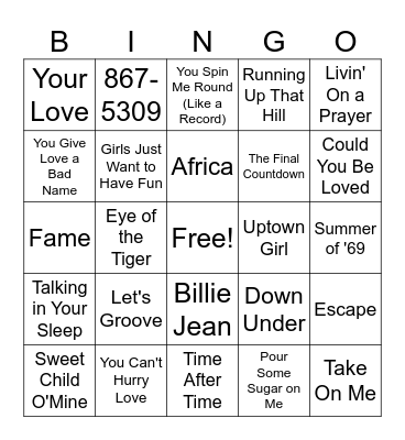 80s Night 1 Bingo Card