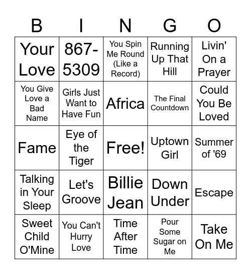 80s Night 1 Bingo Card