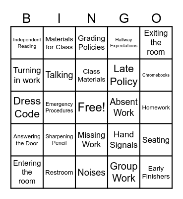 ELA Procedures & Expectations Bingo Card