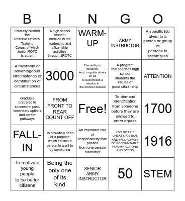 JROTC Bingo Card