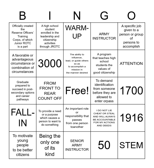 JROTC Bingo Card