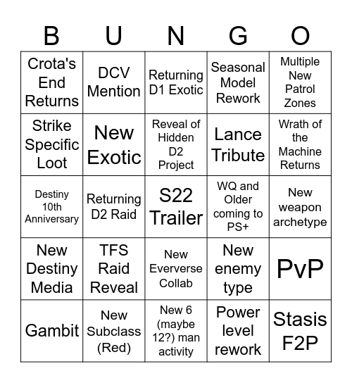 Destiny 2: TFS Showcase Bingo Card