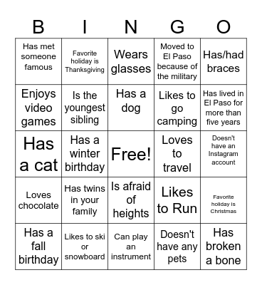 Get to Know You Bingo Card