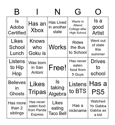 Welcome Back Bingo Card