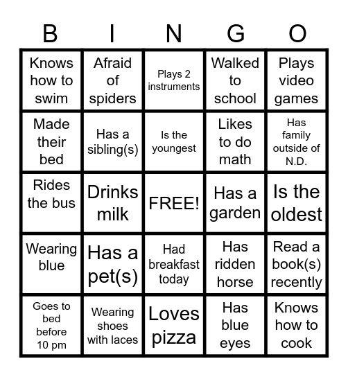 Mrs. Tveito's Getting to Know You BINGO Card