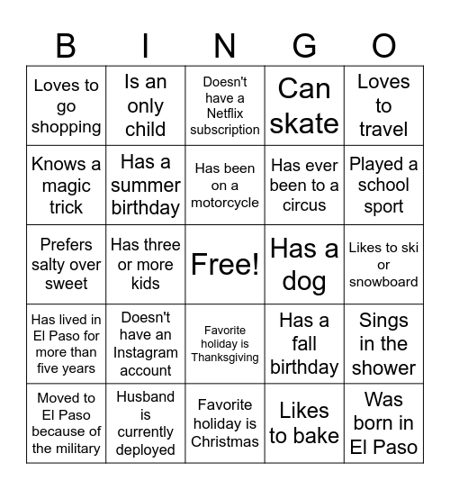 Get to Know You Bingo Card
