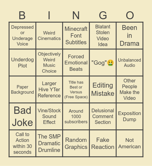 Hive YTer Bingo Card