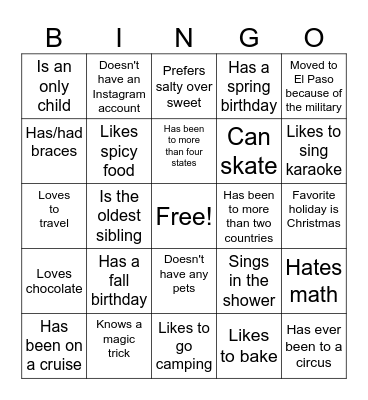 Get to Know You Bingo Card