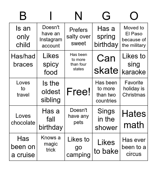 Get to Know You Bingo Card