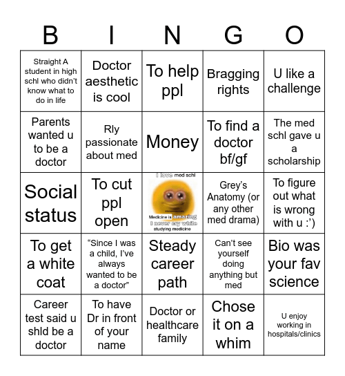 Reasons for studying med Bingo Card