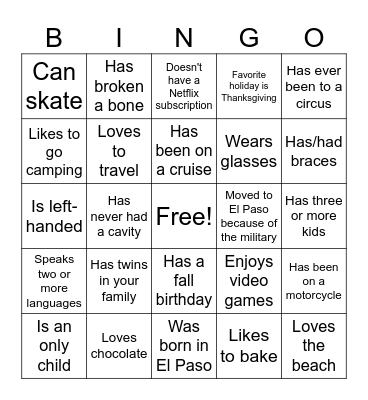 Get to Know You Bingo Card