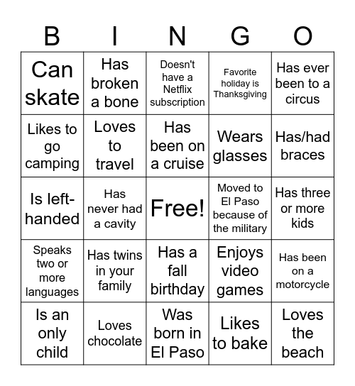 Get to Know You Bingo Card