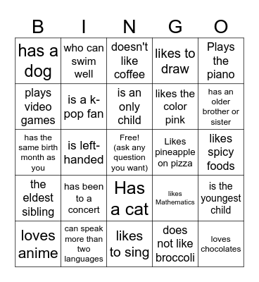 Human Bingo (Find someone who...) Bingo Card