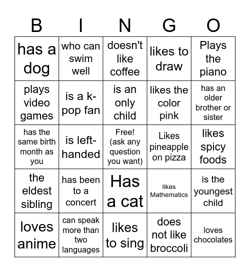 Human Bingo (Find someone who...) Bingo Card