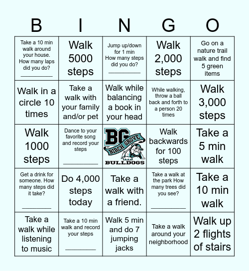 Walk-a-thon Challenge Bingo Card