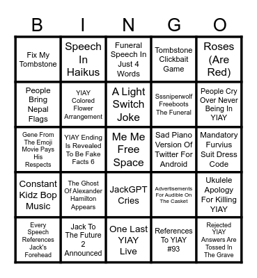 YIAY Funeral Bingo Card