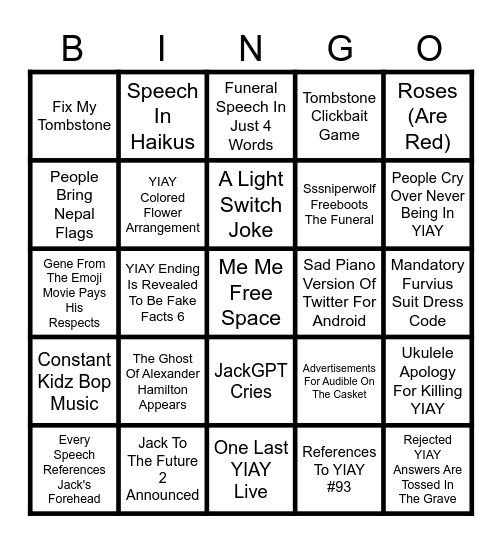 YIAY Funeral Bingo Card