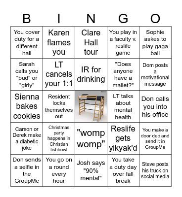 Residence Life Bingo Card Bingo Card
