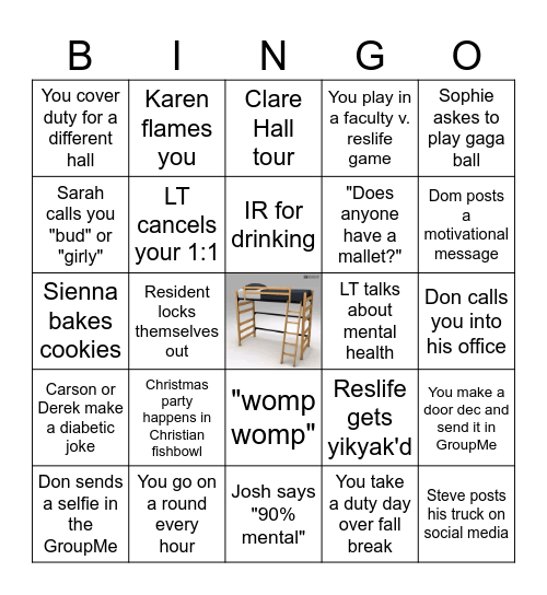 Residence Life Bingo Card Bingo Card