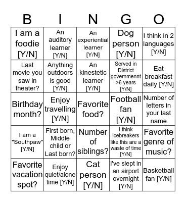 CFSA Personality Bingo Card