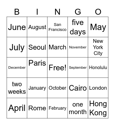 When did you go to _________? Bingo Card