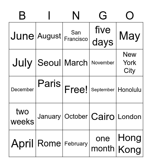 When did you go to _________? Bingo Card