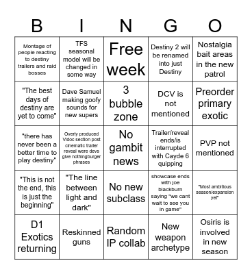 Destiny showcase bingo card Bingo Card