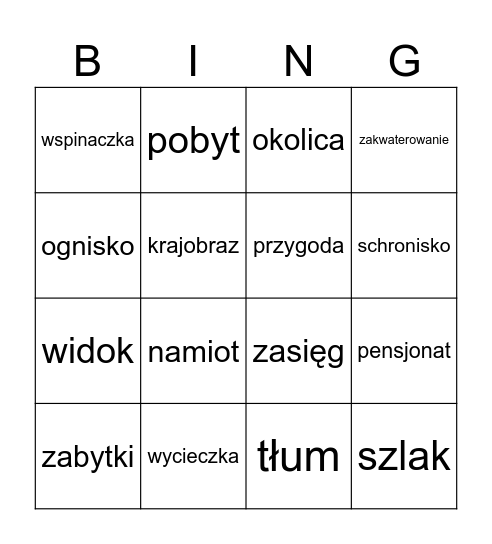 wakacyjne bingo (słówka) Bingo Card