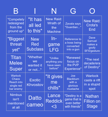 Destiny 2 Showcase Event 2023 Bingo Card