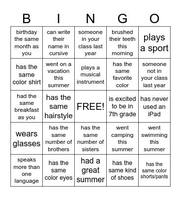 Classmate BINGO Card