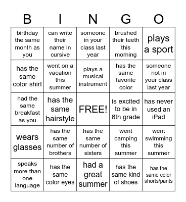 Classmate BINGO Card