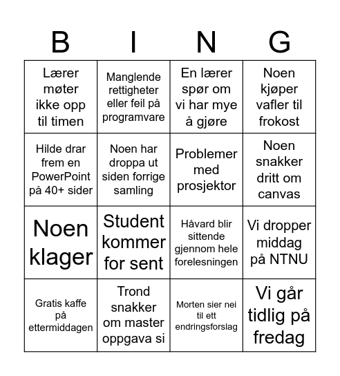 Fagskole Bingo Card