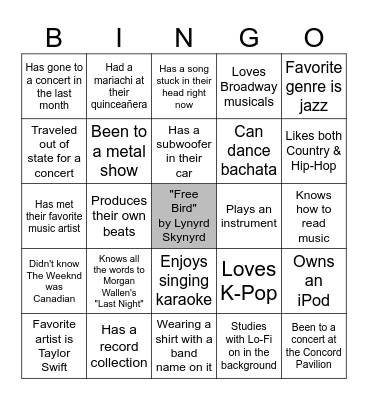 America's Music Classmate Bingo Card