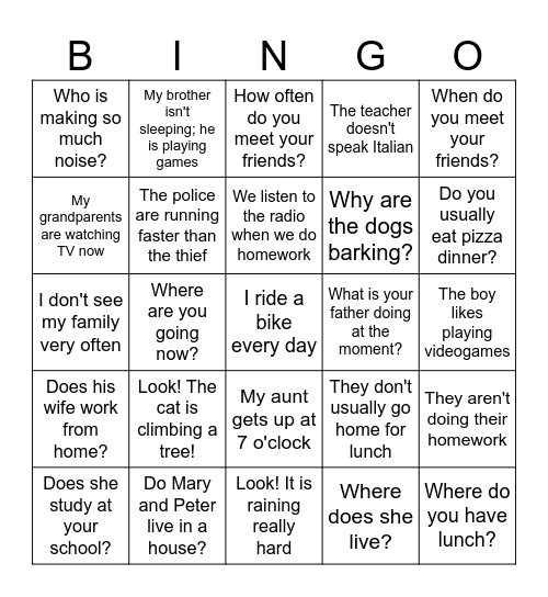 Present simple and continuous Bingo Card