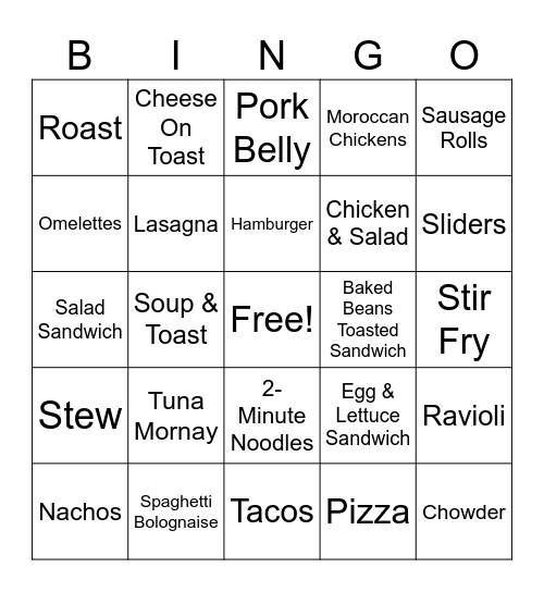 Kurt's Dinner Bingo Card