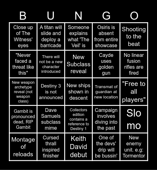 Destiny TFS Showcase Bingo Card