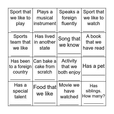 Human Scavenger Hunt Bingo Card