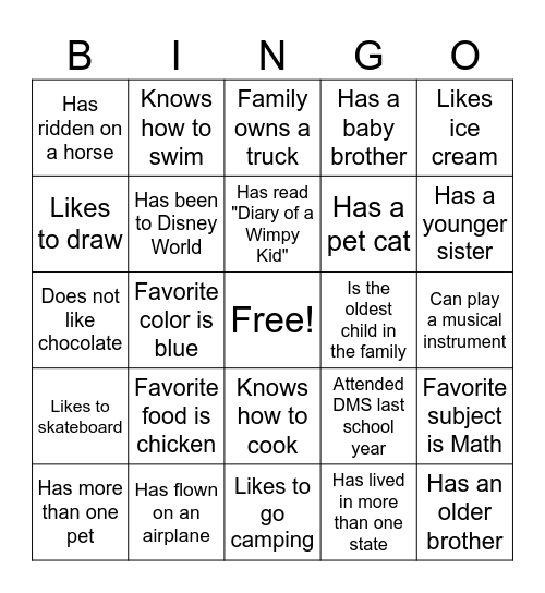 Classmate Bingo Card