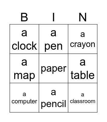 Classroom Object Bingo Card