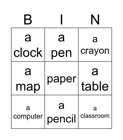 Classroom Object Bingo Card