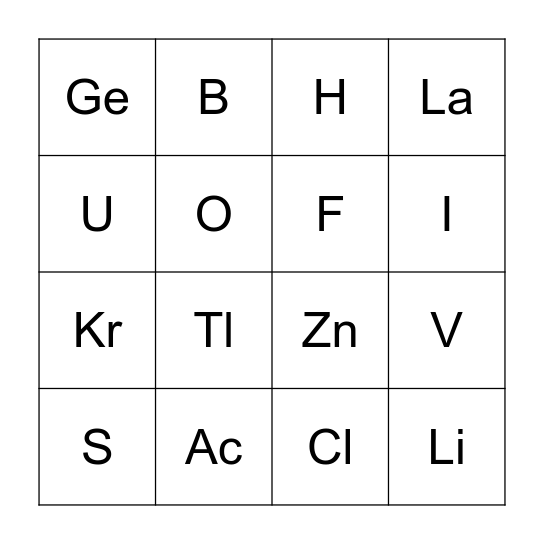 Elements for Quiz 1 Bingo Card