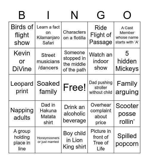 Animal Kingdom Bingo Card