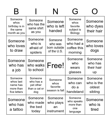 Classmate Bingo Card