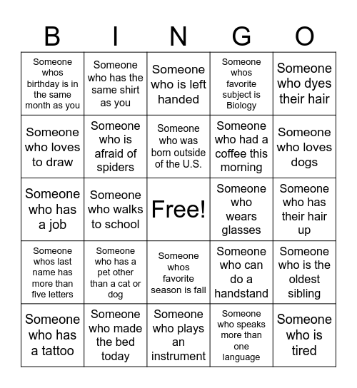 Classmate Bingo Card