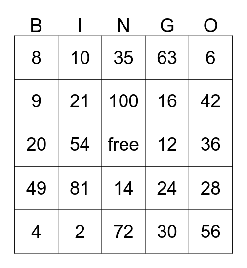 multiplication Bingo Card