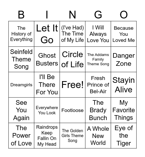 Popular Music from Movies/TV Shows Bingo Card