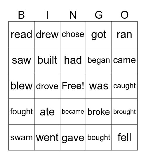 Irregular Verbs Bingo Card