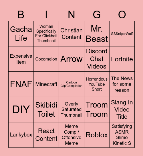 My Brother’s YouTube Recommended Video Bingo (GONE WRONG) Bingo Card