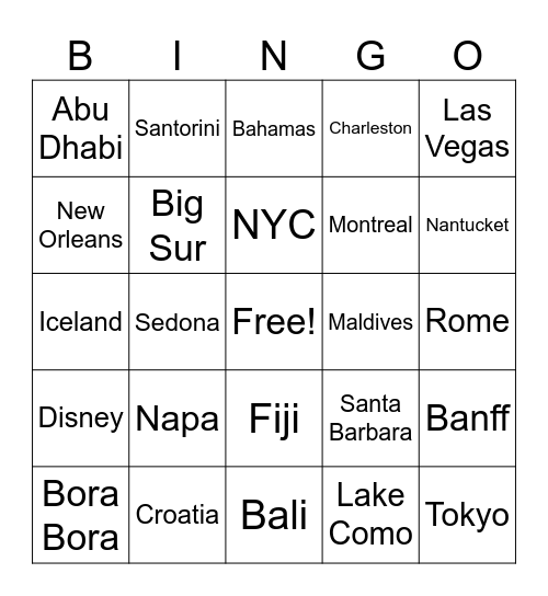 Honeymoon Destination Bingo Card