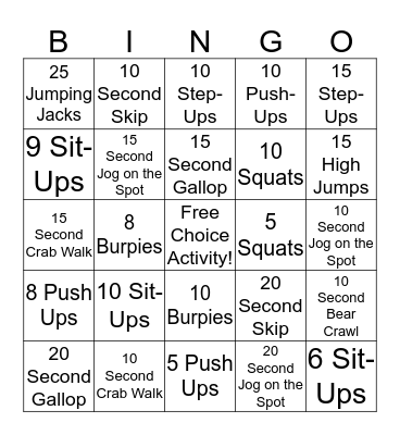 Fitness Bingo Card